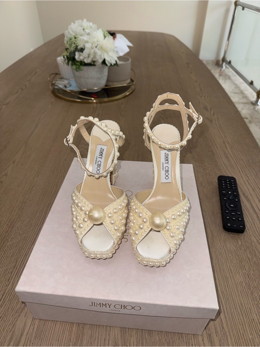 Jimmy Choo Pearl-Embellished Ivory Platform Sandals - Picture 3 of 5